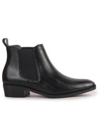 Men Black Textured/Embossed High Ankle Slip On Chisel Toe Chelsea Boot with Block Heel | Office Casual, Biking Winter Boot with Extra Comfort Memory Cushioned Insole