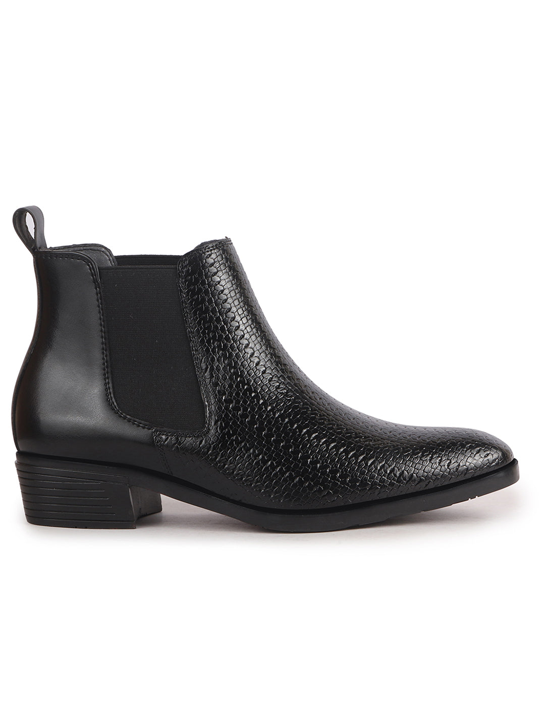 Men Black Textured/Embossed High Ankle Slip On Chisel Toe Chelsea Boot with Block Heel | Office Casual, Biking Winter Boot with Extra Comfort Memory Cushioned Insole