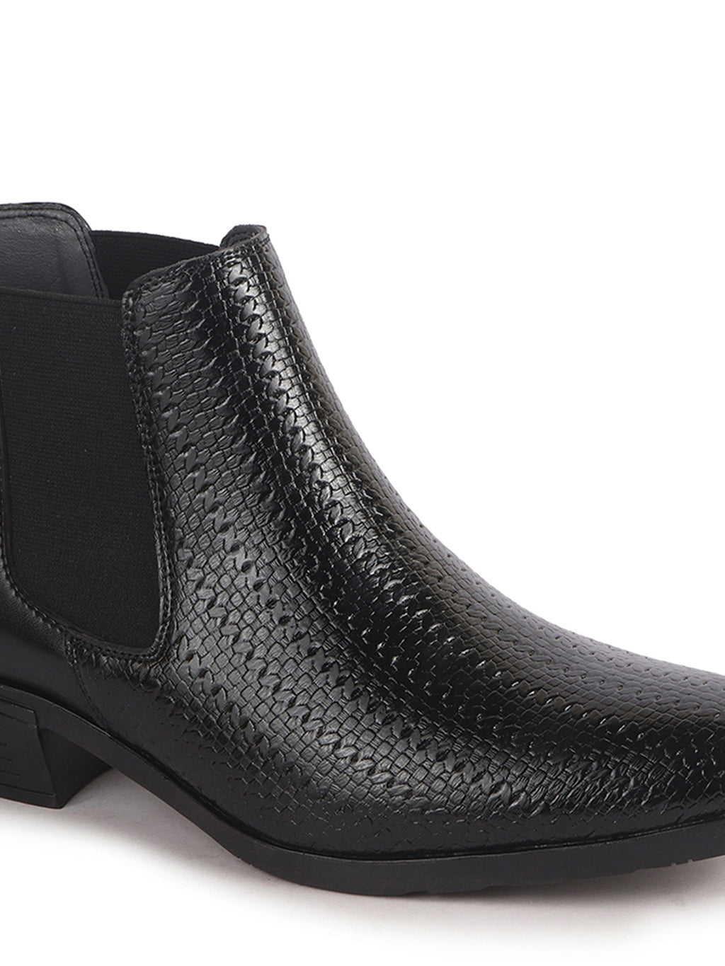 Men Black Textured/Embossed High Ankle Slip On Chisel Toe Chelsea Boot with Block Heel | Office Casual, Biking Winter Boot with Extra Comfort Memory Cushioned Insole