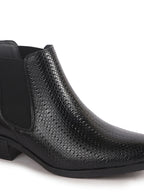 Men Black Textured/Embossed High Ankle Slip On Chisel Toe Chelsea Boot with Block Heel | Office Casual, Biking Winter Boot with Extra Comfort Memory Cushioned Insole