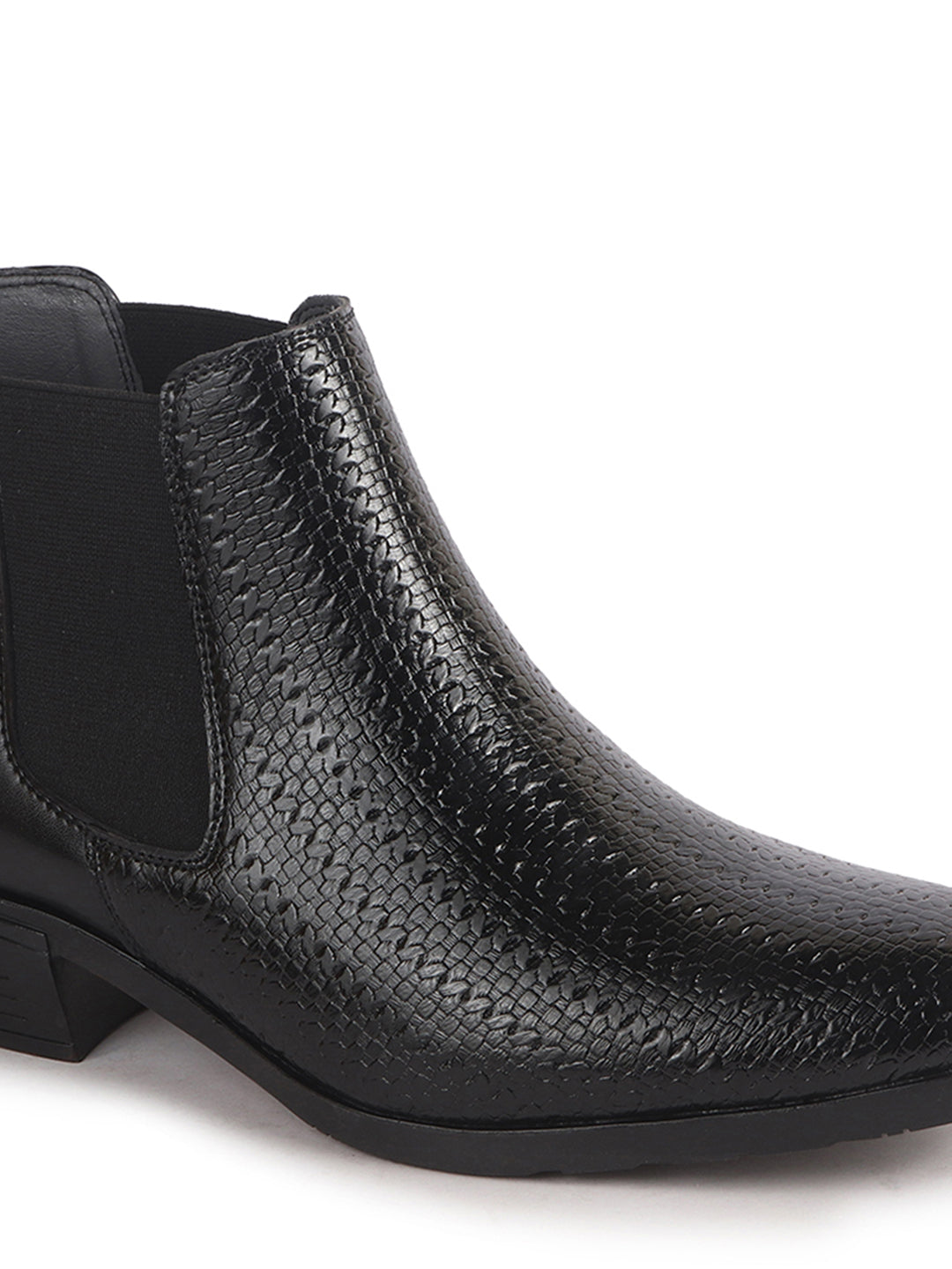 Men Black Textured/Embossed High Ankle Slip On Chisel Toe Chelsea Boot with Block Heel | Office Casual, Biking Winter Boot with Extra Comfort Memory Cushioned Insole