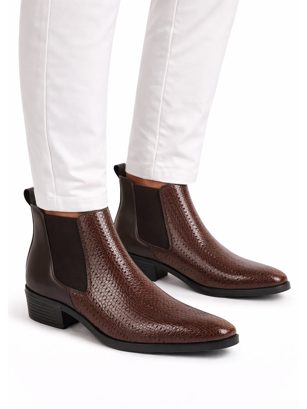 Men Brown Textured/Embossed High Ankle Slip On Chisel Toe Chelsea Boot with Block Heel | Office Casual, Biking Winter Boot with Extra Comfort Memory Cushioned Insole