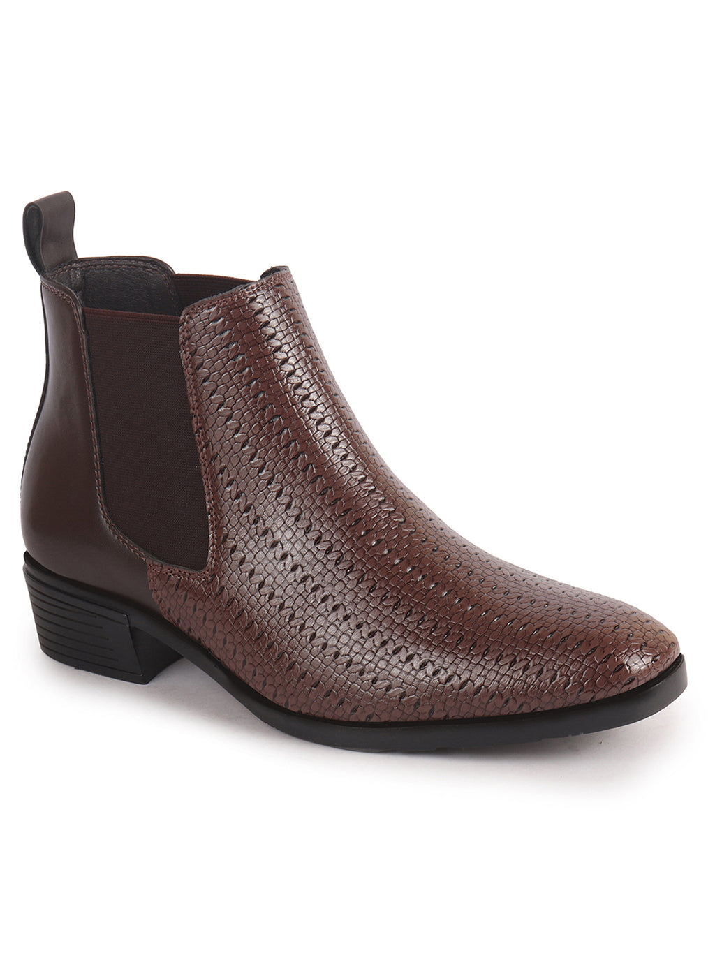 Men Brown Textured/Embossed High Ankle Slip On Chisel Toe Chelsea Boot with Block Heel | Office Casual, Biking Winter Boot with Extra Comfort Memory Cushioned Insole
