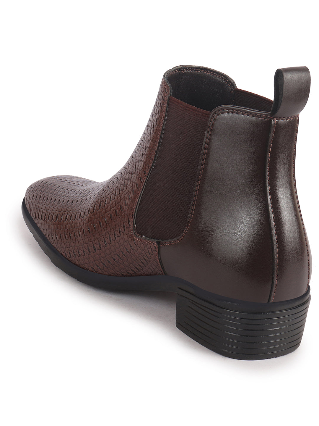 Men Brown Textured/Embossed High Ankle Slip On Chisel Toe Chelsea Boot with Block Heel | Office Casual, Biking Winter Boot with Extra Comfort Memory Cushioned Insole