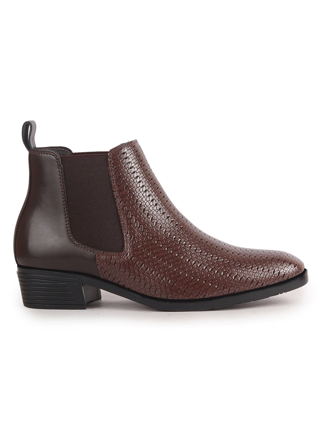 Men Brown Textured/Embossed High Ankle Slip On Chisel Toe Chelsea Boot with Block Heel | Office Casual, Biking Winter Boot with Extra Comfort Memory Cushioned Insole