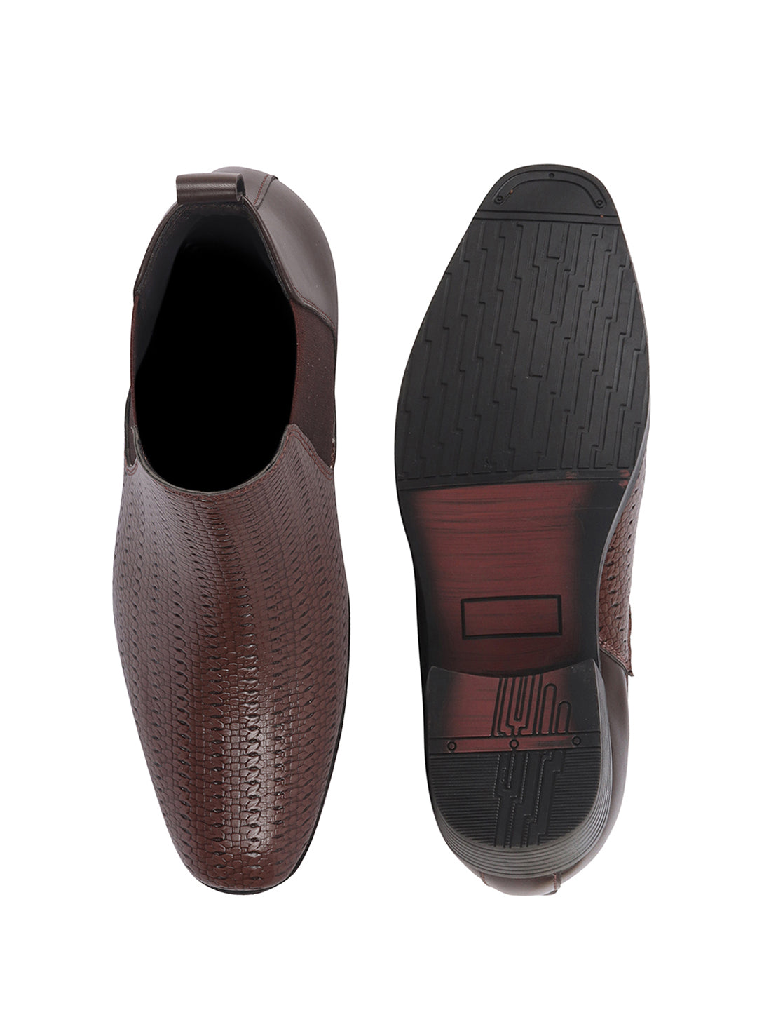 Men Brown Textured/Embossed High Ankle Slip On Chisel Toe Chelsea Boot with Block Heel | Office Casual, Biking Winter Boot with Extra Comfort Memory Cushioned Insole