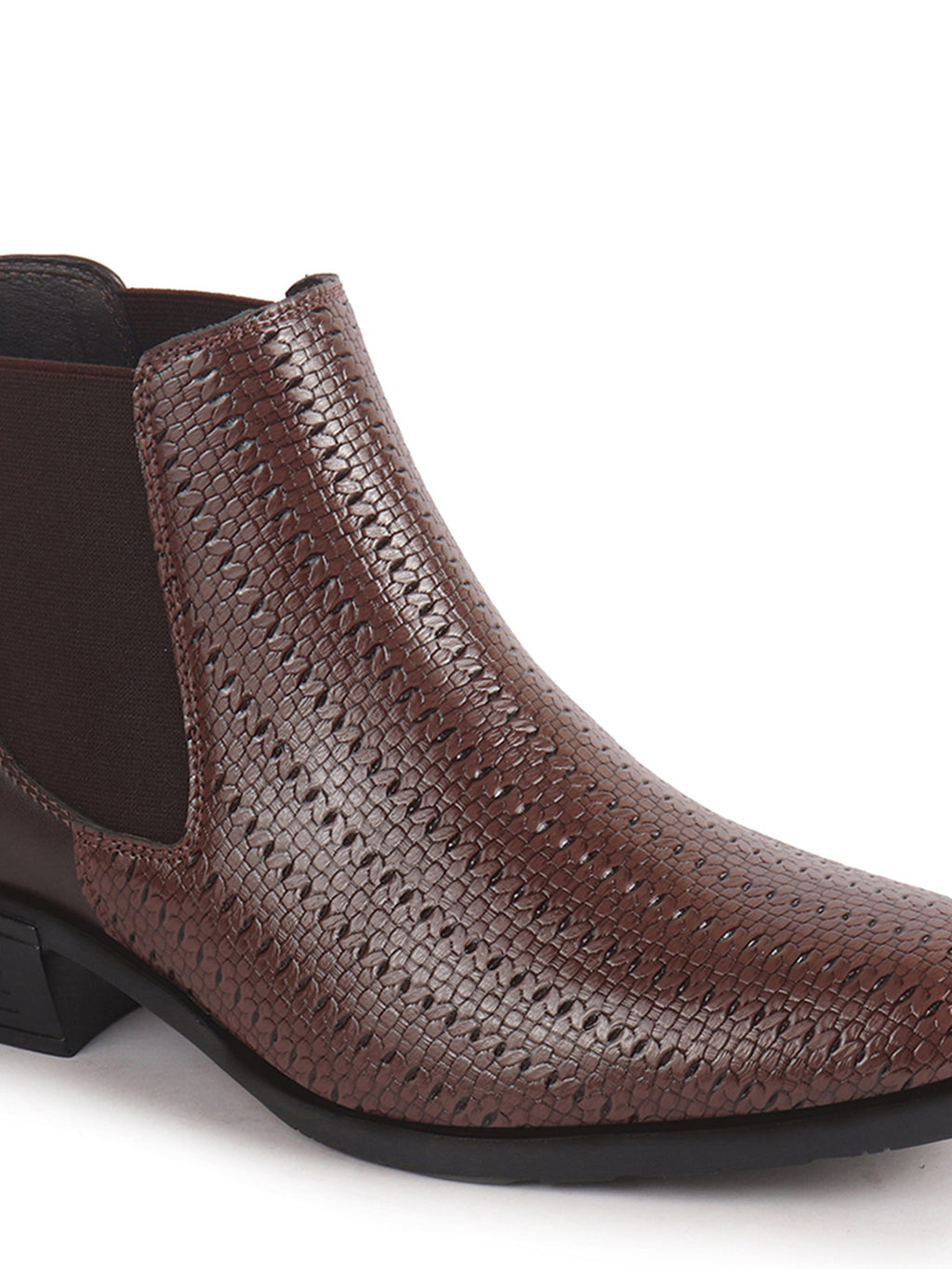 Men Brown Textured/Embossed High Ankle Slip On Chisel Toe Chelsea Boot with Block Heel | Office Casual, Biking Winter Boot with Extra Comfort Memory Cushioned Insole
