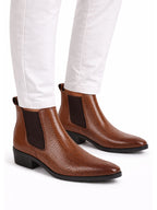 Men Tan Textured/Embossed High Ankle Slip On Chisel Toe Chelsea Boot with Block Heel | Office Casual, Biking Winter Boot with Extra Comfort Memory Cushioned Insole