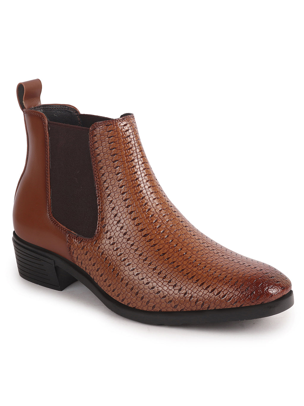 Men Tan Textured/Embossed High Ankle Slip On Chisel Toe Chelsea Boot with Block Heel | Office Casual, Biking Winter Boot with Extra Comfort Memory Cushioned Insole
