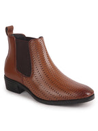 Men Tan Textured/Embossed High Ankle Slip On Chisel Toe Chelsea Boot with Block Heel | Office Casual, Biking Winter Boot with Extra Comfort Memory Cushioned Insole
