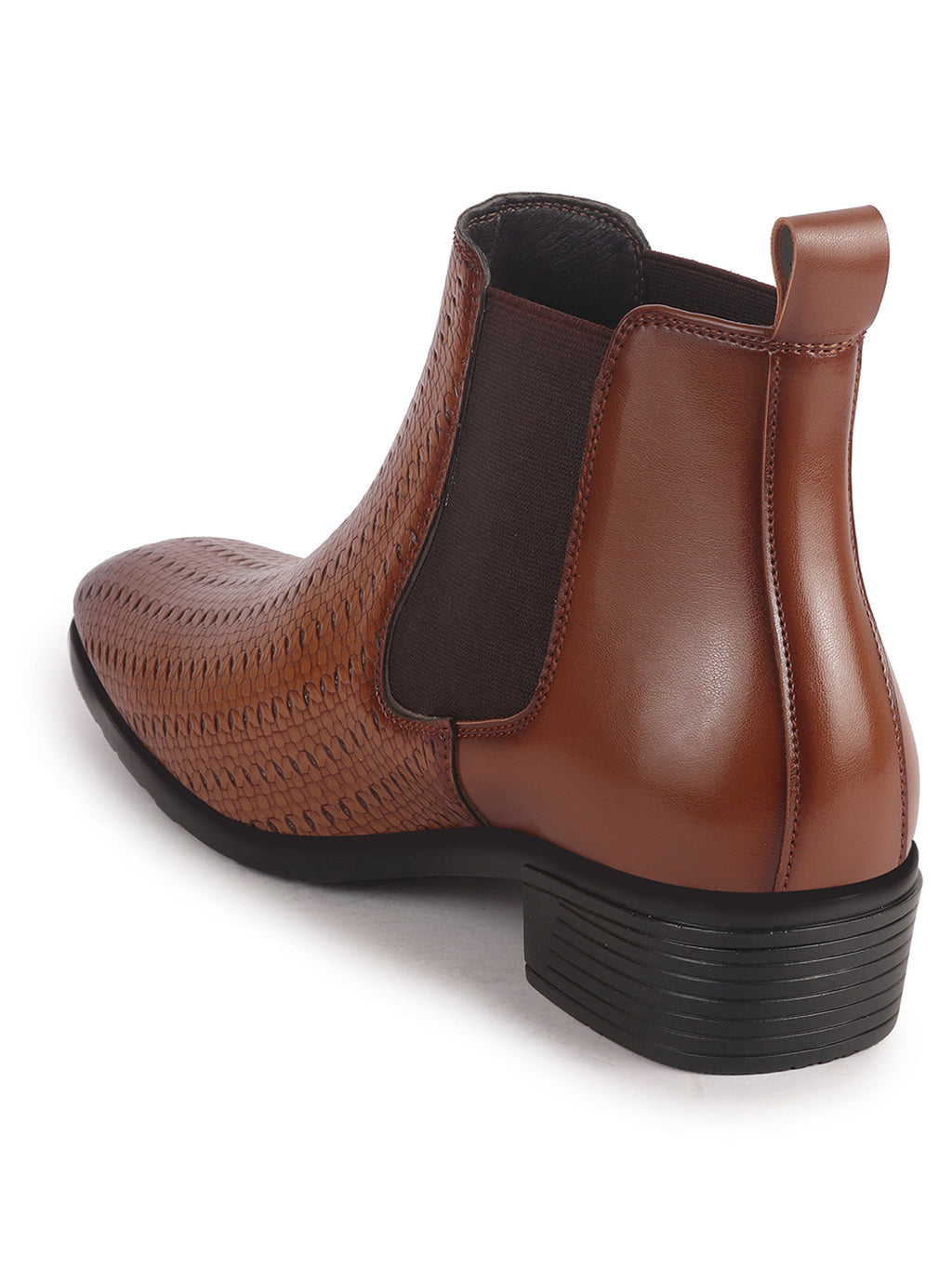 Men Tan Textured/Embossed High Ankle Slip On Chisel Toe Chelsea Boot with Block Heel | Office Casual, Biking Winter Boot with Extra Comfort Memory Cushioned Insole