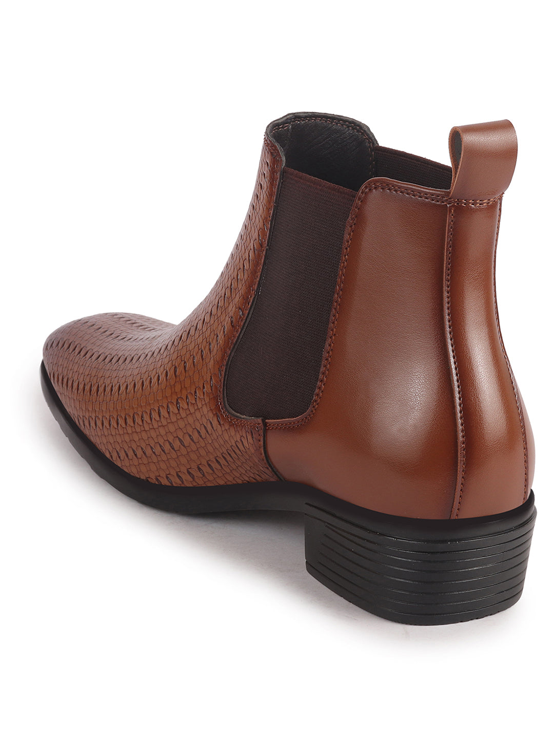 Men Tan Textured/Embossed High Ankle Slip On Chisel Toe Chelsea Boot with Block Heel | Office Casual, Biking Winter Boot with Extra Comfort Memory Cushioned Insole