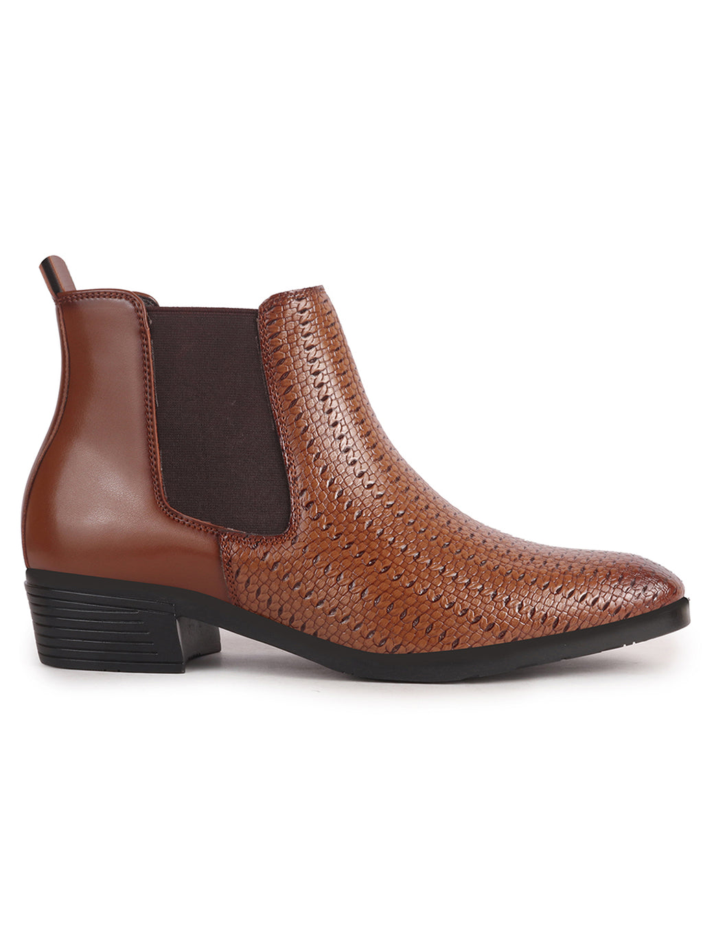 Men Tan Textured/Embossed High Ankle Slip On Chisel Toe Chelsea Boot with Block Heel | Office Casual, Biking Winter Boot with Extra Comfort Memory Cushioned Insole