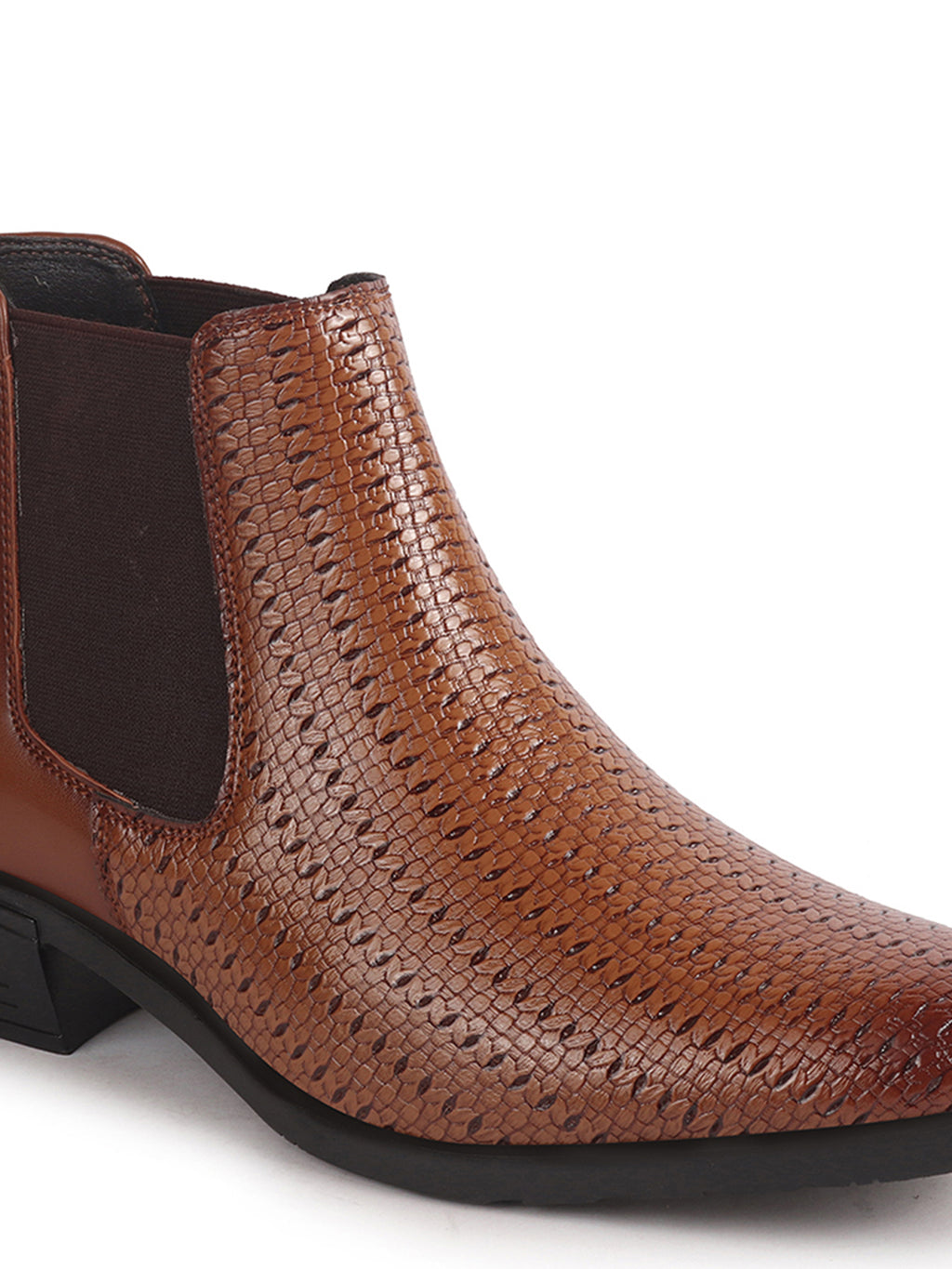 Men Tan Textured/Embossed High Ankle Slip On Chisel Toe Chelsea Boot with Block Heel | Office Casual, Biking Winter Boot with Extra Comfort Memory Cushioned Insole