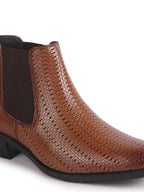 Men Tan Textured/Embossed High Ankle Slip On Chisel Toe Chelsea Boot with Block Heel | Office Casual, Biking Winter Boot with Extra Comfort Memory Cushioned Insole