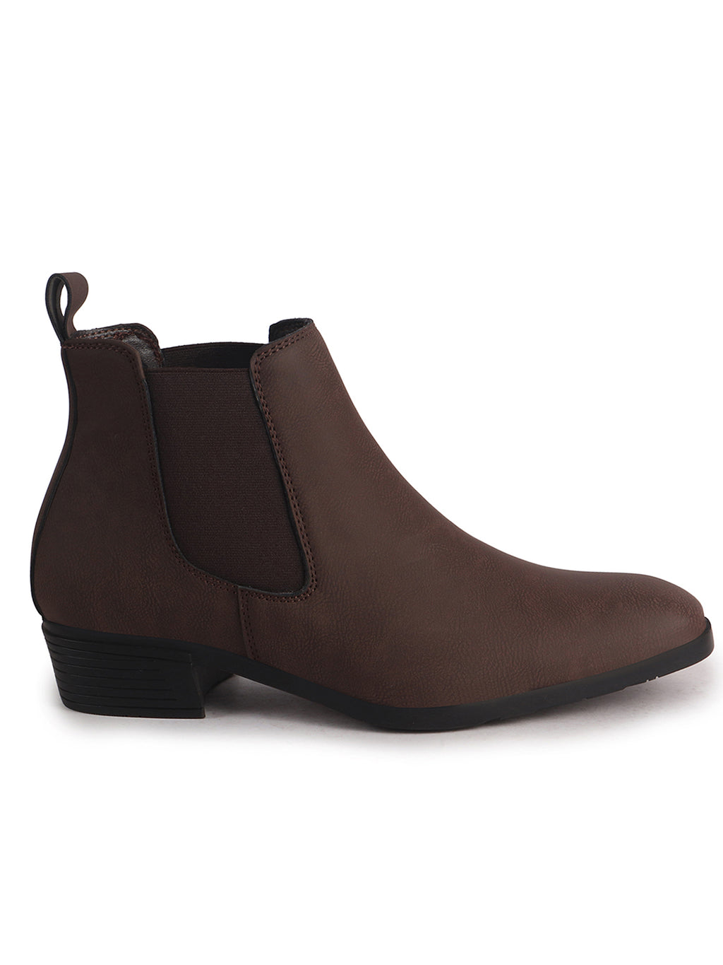Men Brown Textured/Embossed High Ankle Chisel Toe Slip On Chelsea Boots|Stylish Comfort Block Heel Boot For Casual & Formal Outfit
