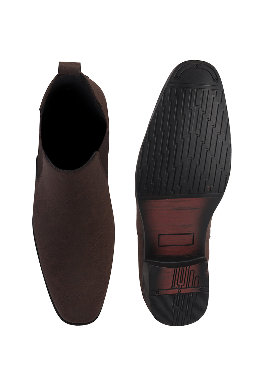 Men Brown Textured/Embossed High Ankle Chisel Toe Slip On Chelsea Boots|Stylish Comfort Block Heel Boot For Casual & Formal Outfit