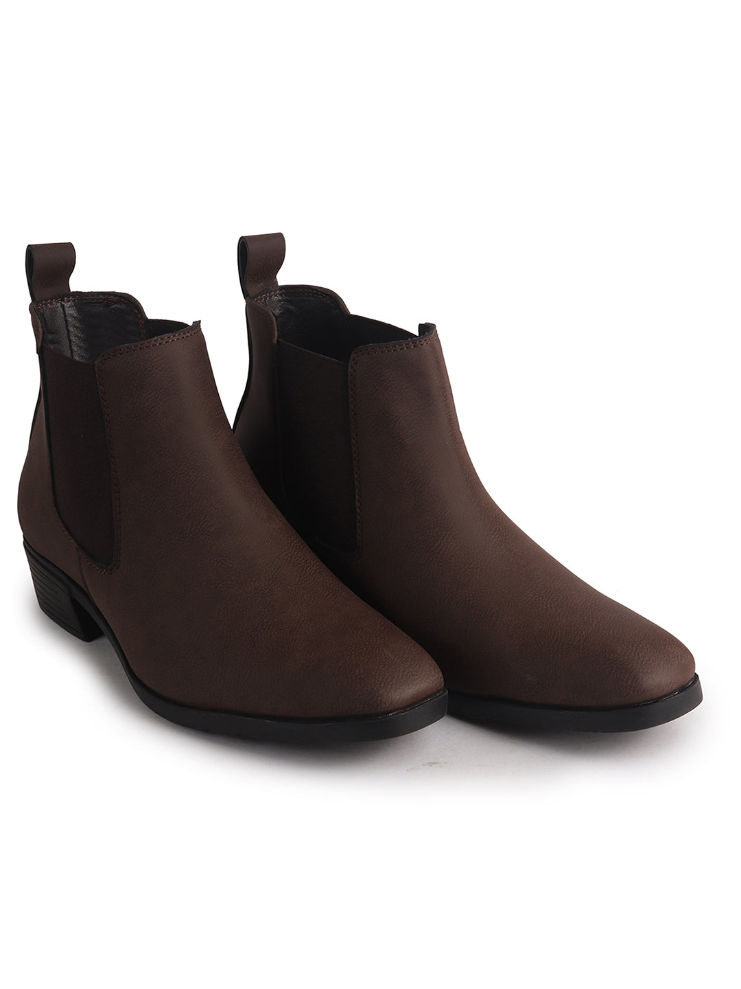 Men Brown Textured/Embossed High Ankle Chisel Toe Slip On Chelsea Boots|Stylish Comfort Block Heel Boot For Casual & Formal Outfit