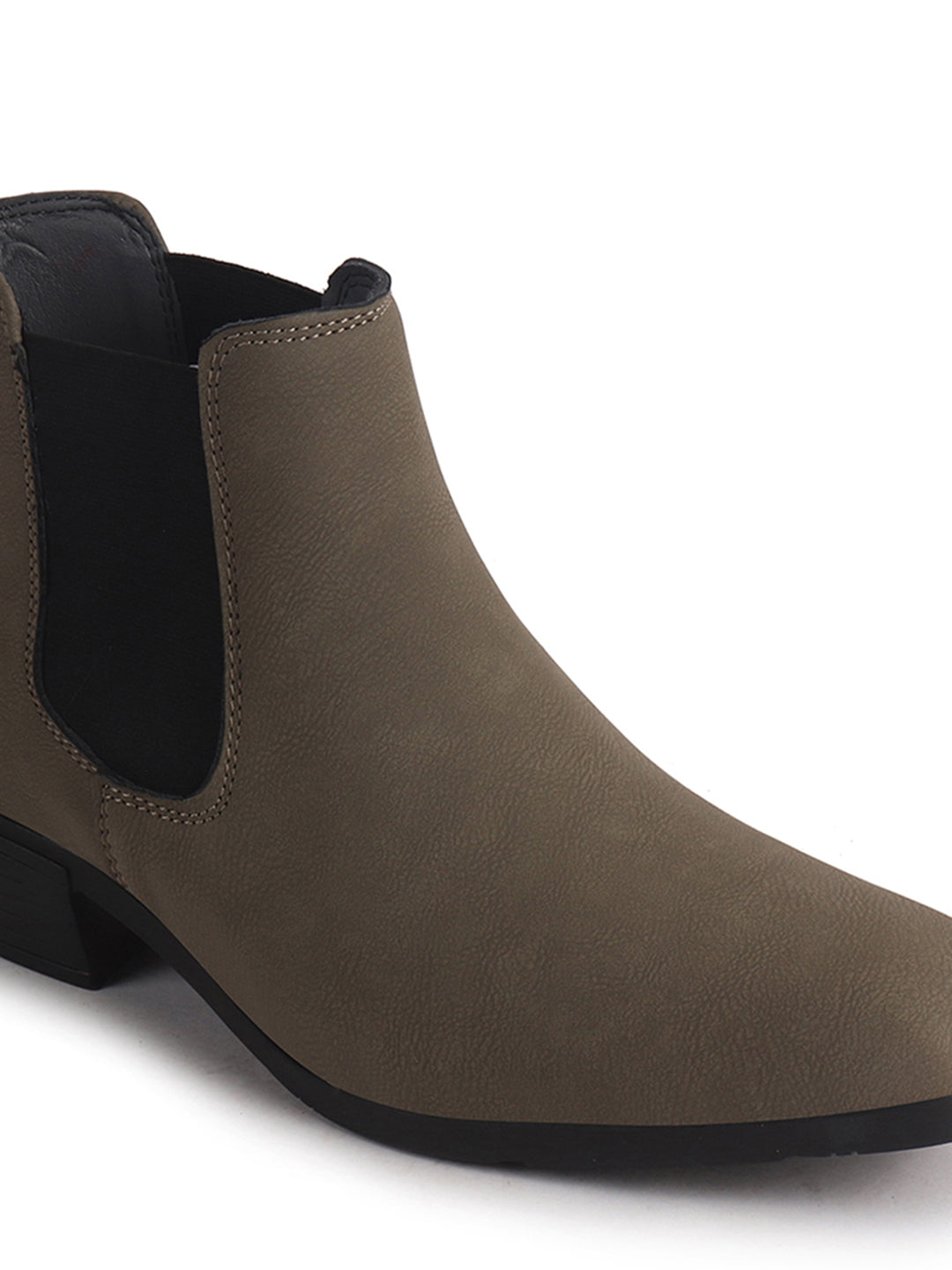 Men Grey Textured/Embossed High Ankle Chisel Toe Slip On Chelsea Boots|Stylish Comfort Block Heel Boot For Casual & Formal Outfit