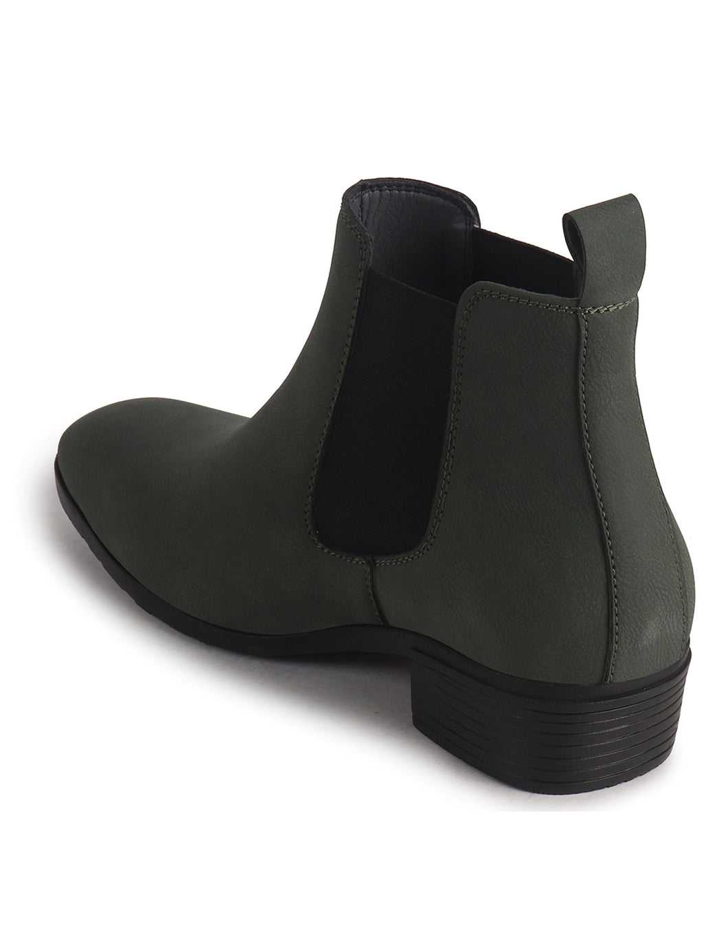 Men Olive Textured/Embossed High Ankle Chisel Toe Slip On Chelsea Boots|Stylish Comfort Block Heel Boot For Casual & Formal Outfit