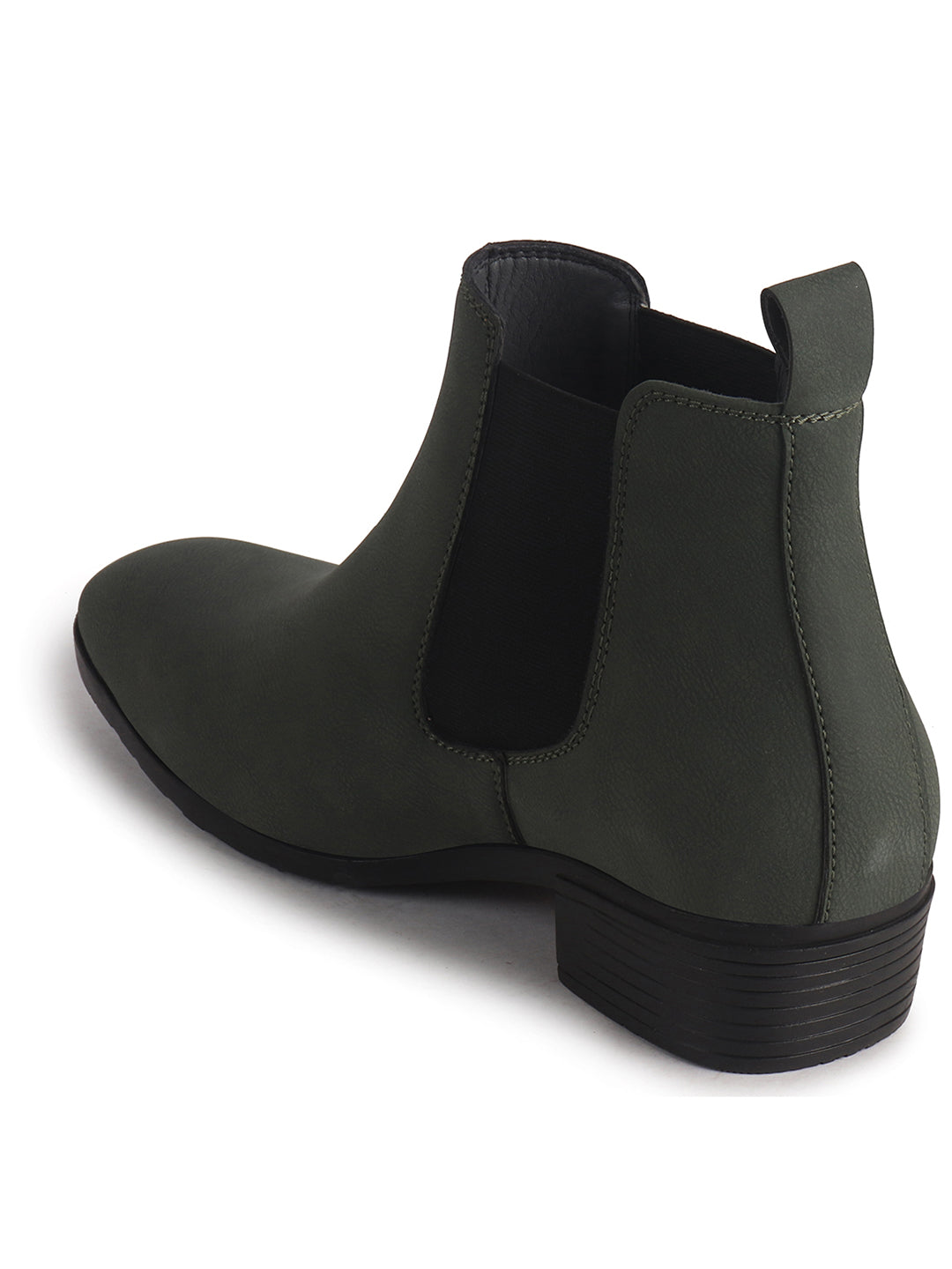 Men Olive Textured/Embossed High Ankle Chisel Toe Slip On Chelsea Boots|Stylish Comfort Block Heel Boot For Casual & Formal Outfit