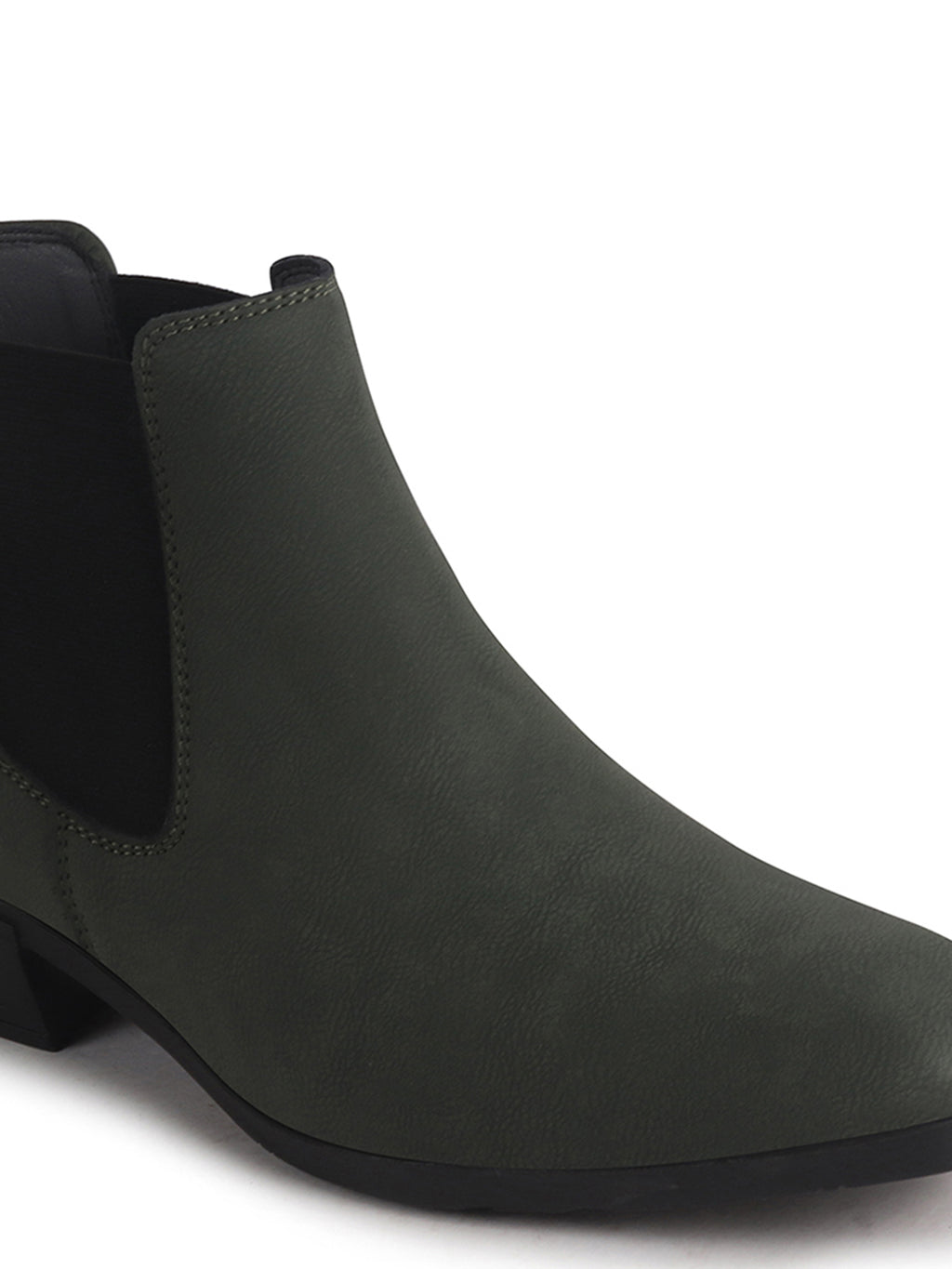 Men Olive Textured/Embossed High Ankle Chisel Toe Slip On Chelsea Boots|Stylish Comfort Block Heel Boot For Casual & Formal Outfit
