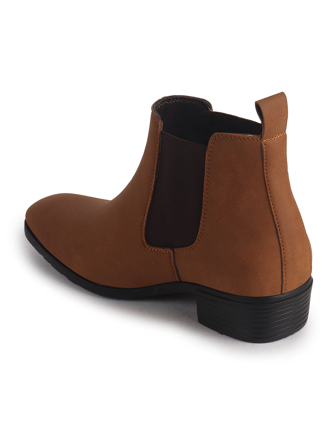 Men Tan Textured/Embossed High Ankle Chisel Toe Slip On Chelsea Boots|Stylish Comfort Block Heel Boot For Casual & Formal Outfit
