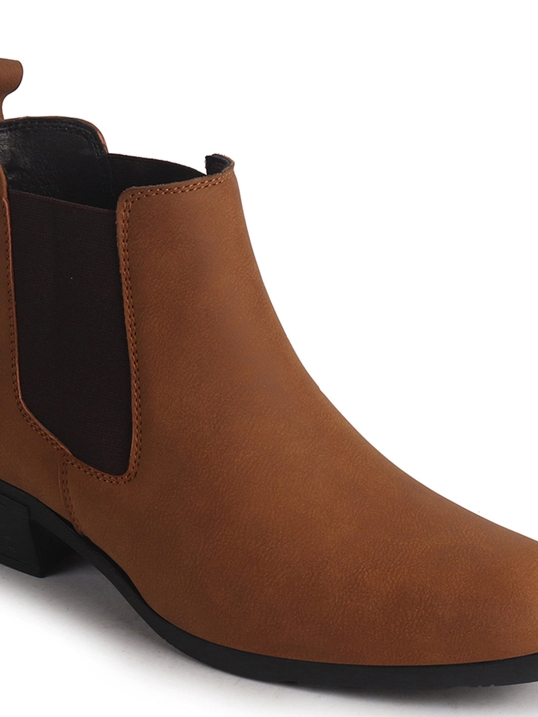 Men Tan Textured/Embossed High Ankle Chisel Toe Slip On Chelsea Boots|Stylish Comfort Block Heel Boot For Casual & Formal Outfit