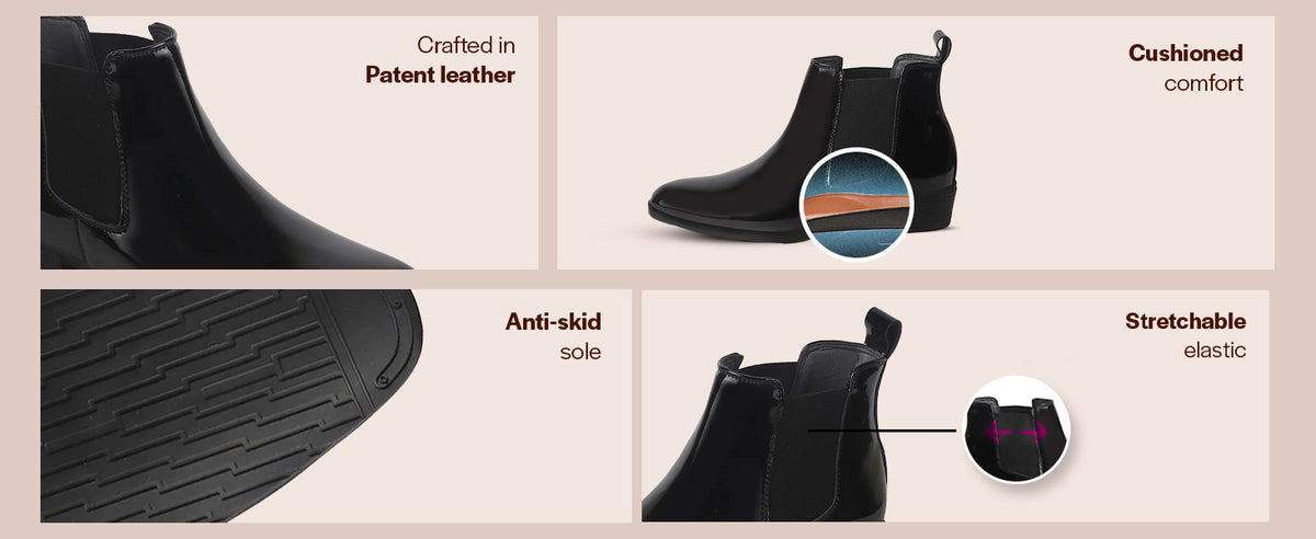 Men Black Patent Leather High Ankle Slip On Chisel Toe Chelsea Boot with Block Heel|Office Casual, Biking Winter Boot with Extra Comfort Memory Cushioned Insole