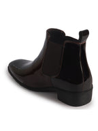 Men Brown Patent Leather High Ankle Slip On Chisel Toe Chelsea Boot with Block Heel|Office Casual, Biking Winter Boot with Extra Comfort Memory Cushioned Insole