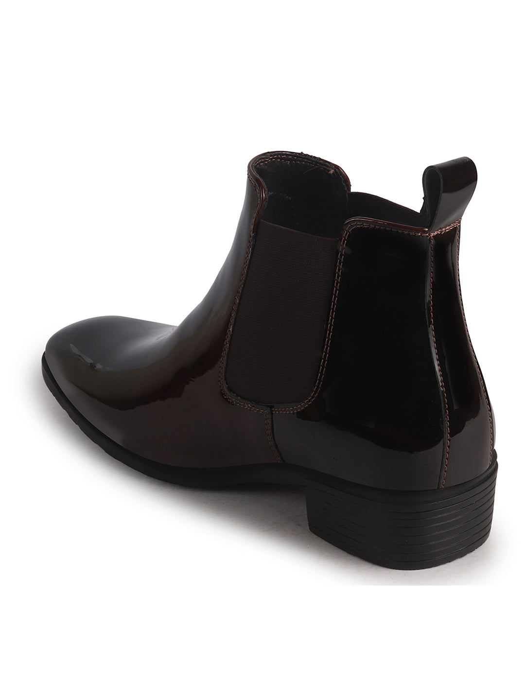Men Brown Patent Leather High Ankle Slip On Chisel Toe Chelsea Boot with Block Heel|Office Casual, Biking Winter Boot with Extra Comfort Memory Cushioned Insole