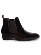 Men Brown Patent Leather High Ankle Slip On Chisel Toe Chelsea Boot with Block Heel|Office Casual, Biking Winter Boot with Extra Comfort Memory Cushioned Insole