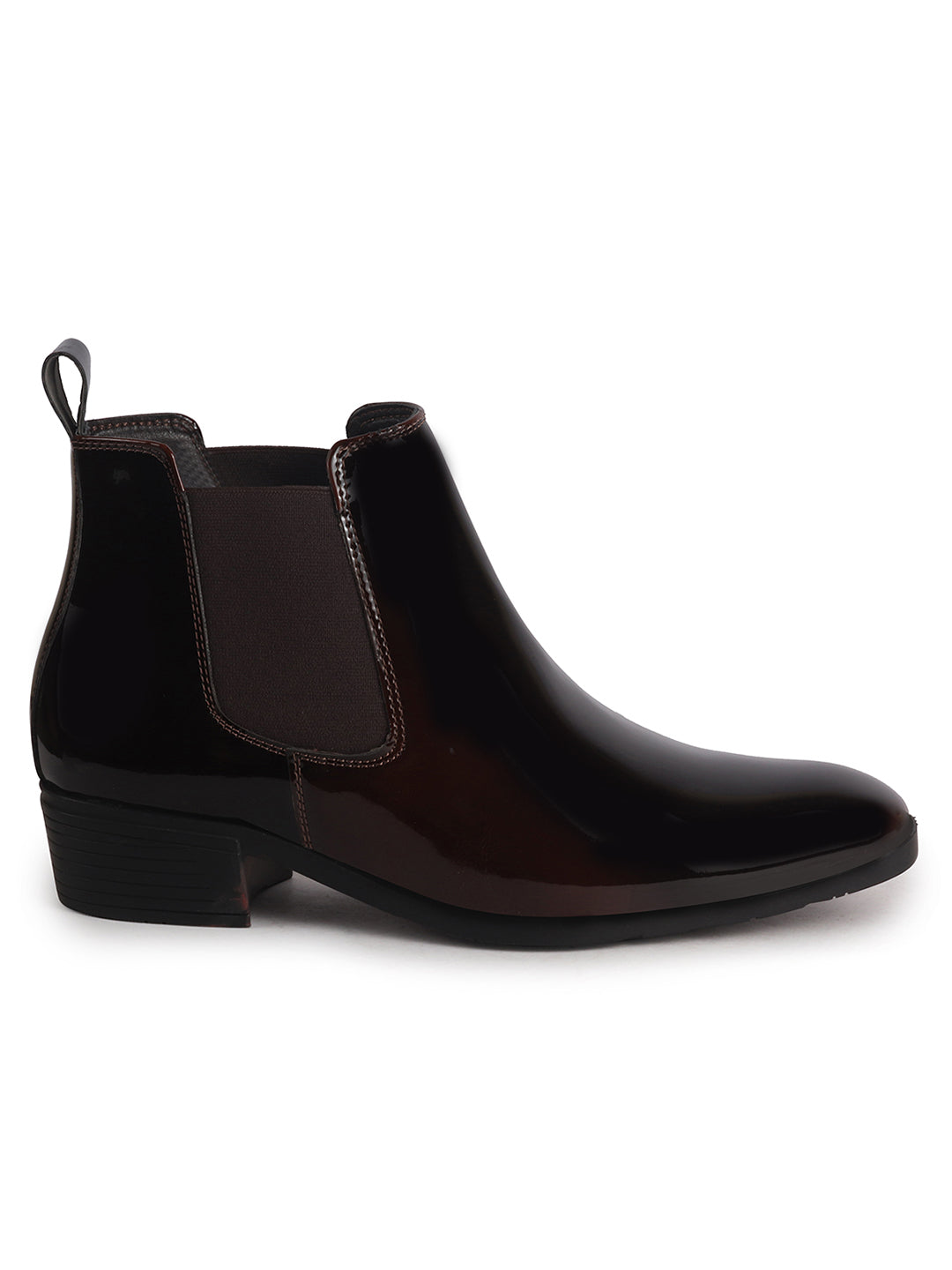 Men Brown Patent Leather High Ankle Slip On Chisel Toe Chelsea Boot with Block Heel|Office Casual, Biking Winter Boot with Extra Comfort Memory Cushioned Insole