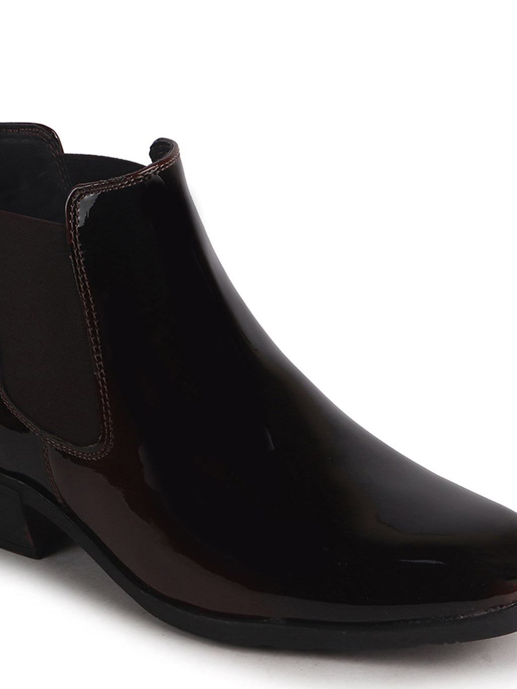 Men Brown Patent Leather High Ankle Slip On Chisel Toe Chelsea Boot with Block Heel|Office Casual, Biking Winter Boot with Extra Comfort Memory Cushioned Insole