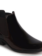 Men Brown Patent Leather High Ankle Slip On Chisel Toe Chelsea Boot with Block Heel|Office Casual, Biking Winter Boot with Extra Comfort Memory Cushioned Insole