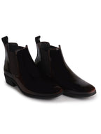 Men Brown Patent Leather High Ankle Slip On Chisel Toe Chelsea Boot with Block Heel|Office Casual, Biking Winter Boot with Extra Comfort Memory Cushioned Insole