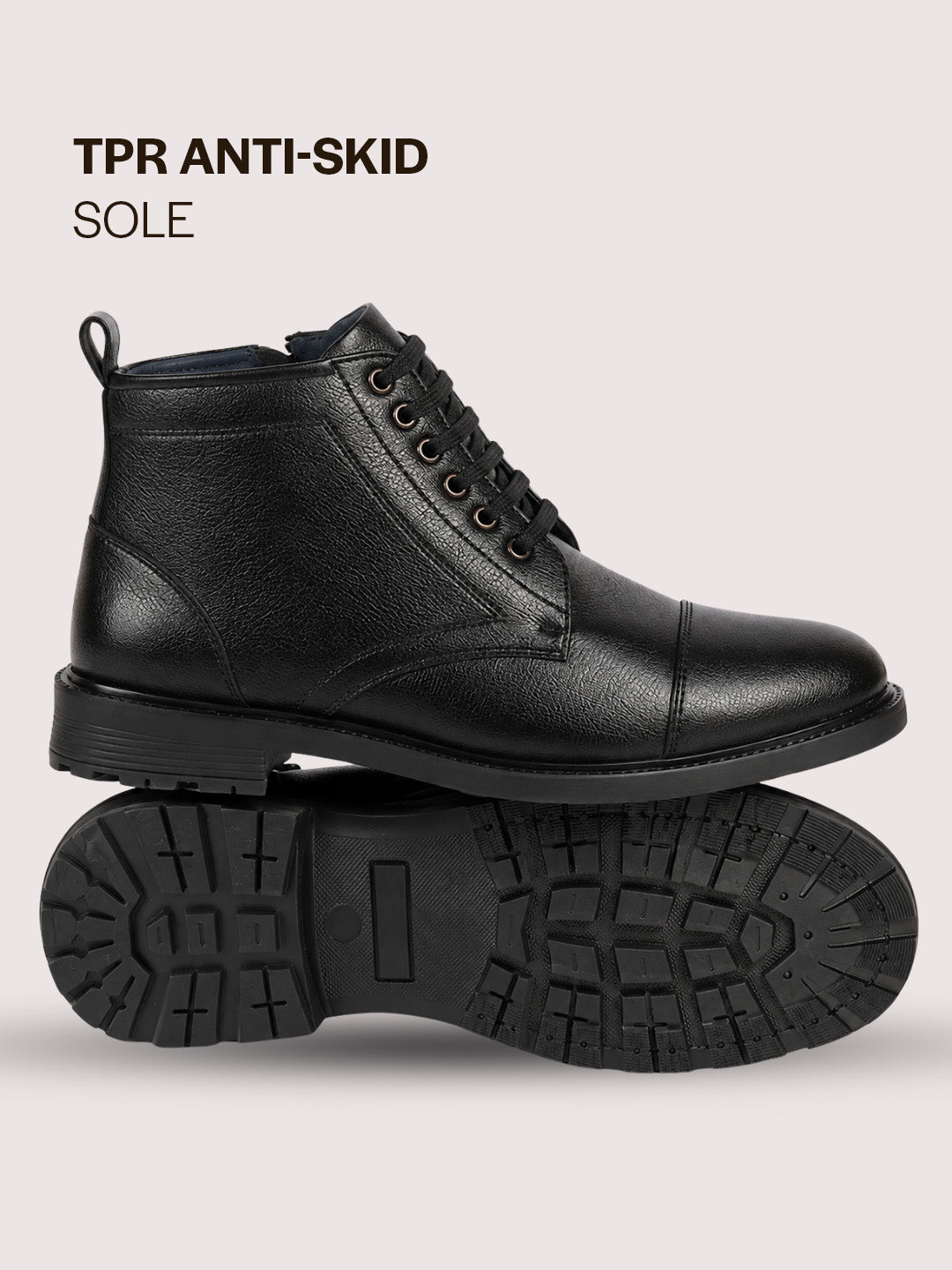 Men Black High Ankle 6-Eye Lace Up Cap Toe Casual Winter Chukka Boots | Side Zipper Shoe with Durable TPR Welted Sole for Office, Walking, Holiday Travel