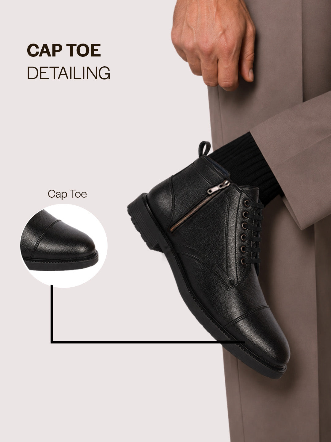 Men Black High Ankle 6-Eye Lace Up Cap Toe Casual Winter Chukka Boots | Side Zipper Shoe with Durable TPR Welted Sole for Office, Walking, Holiday Travel