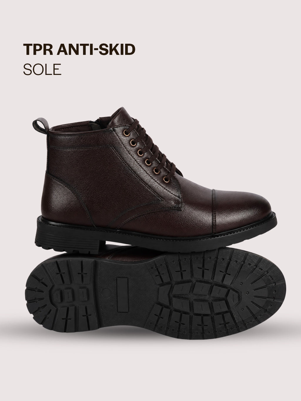 Men Brown High Ankle 6-Eye Lace Up Cap Toe Casual Winter Chukka Boots | Side Zipper Shoe with Durable TPR Welted Sole for Office, Walking, Holiday Travel