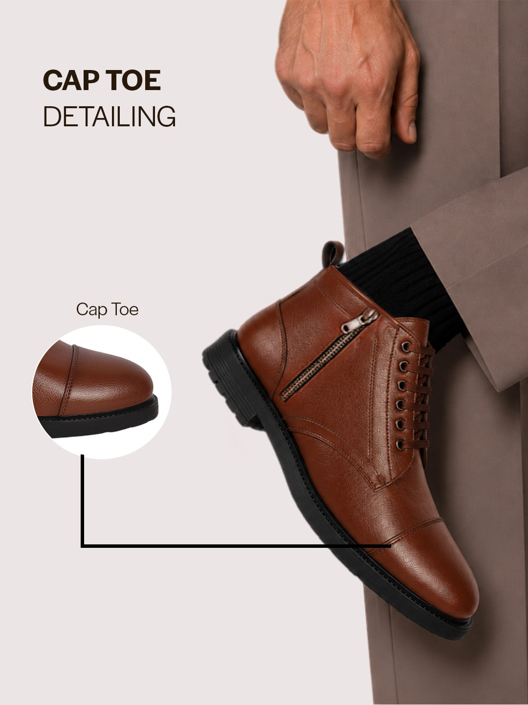 Men Tan High Ankle 6-Eye Lace Up Cap Toe Casual Winter Chukka Boots | Side Zipper Shoe with Durable TPR Welted Sole for Office, Walking, Holiday Travel