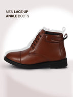 Men Tan High Ankle 5-Eye Lace Up Cap Toe Casual Winter Chukka Boots | Cushioned Collar Shoe with Durable TPR Welted Sole for Office, Walking, Holiday Travel