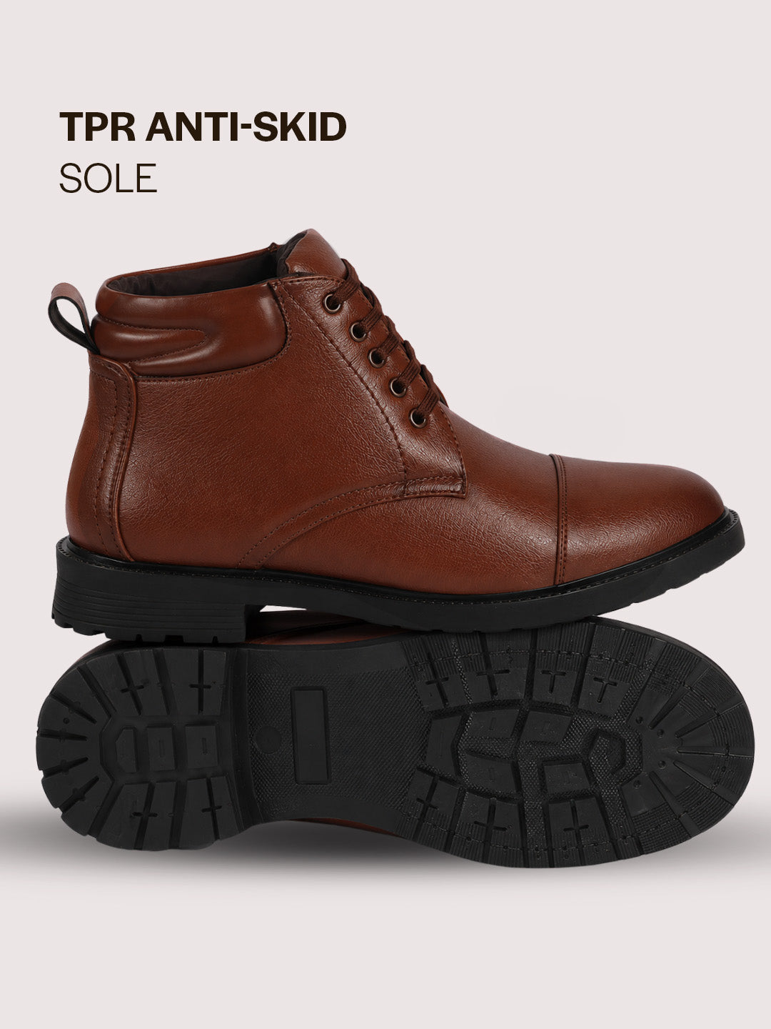 Men Tan High Ankle 5-Eye Lace Up Cap Toe Casual Winter Chukka Boots | Cushioned Collar Shoe with Durable TPR Welted Sole for Office, Walking, Holiday Travel