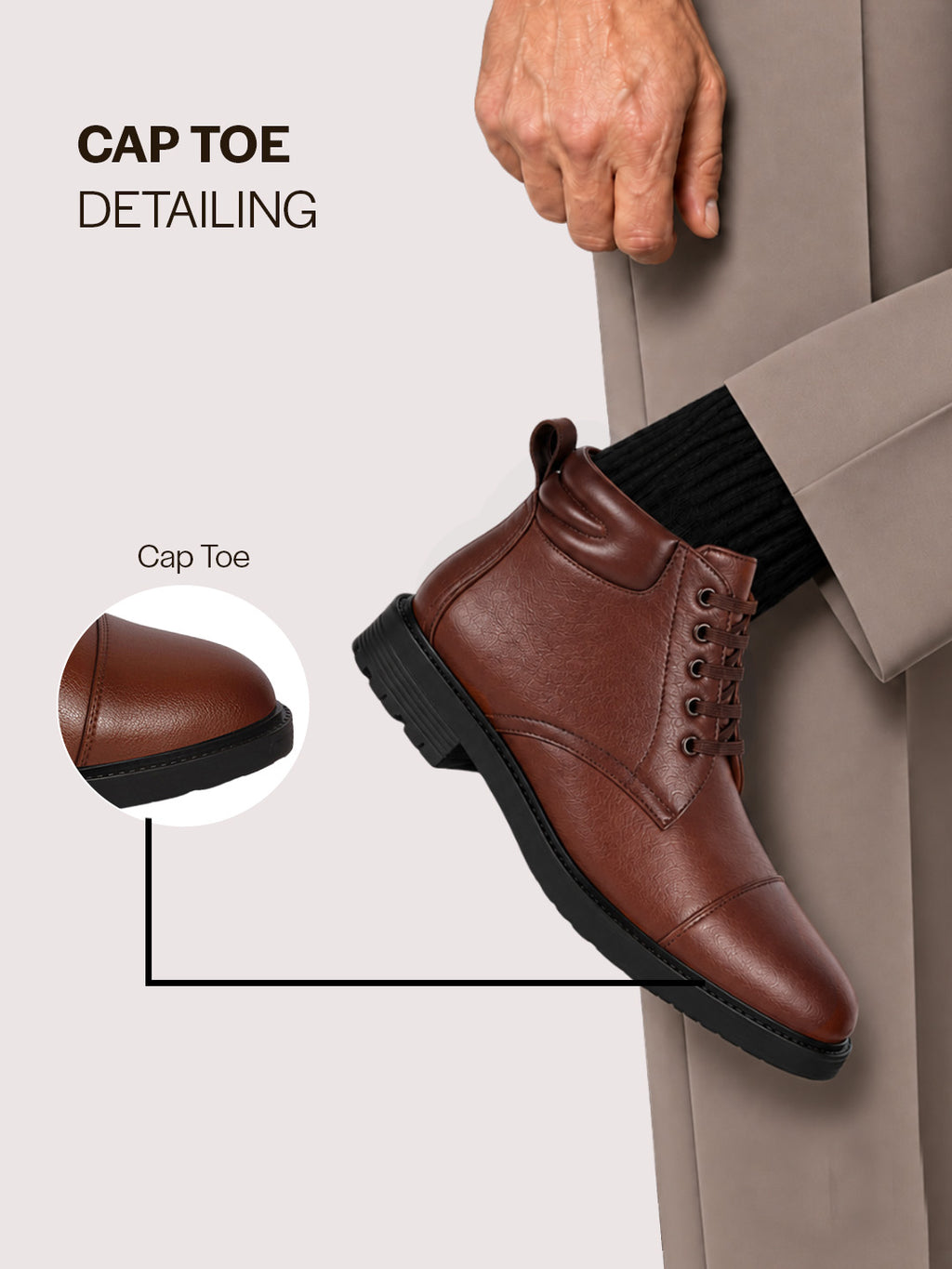 Men Tan High Ankle 5-Eye Lace Up Cap Toe Casual Winter Chukka Boots | Cushioned Collar Shoe with Durable TPR Welted Sole for Office, Walking, Holiday Travel