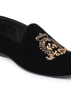 Men Black Velvet Embroidery Design Ethnic Party Loafer Shoes