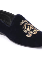 Men Blue Velvet Embroidery Design Ethnic Party Loafer Shoes