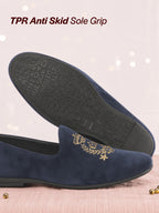 Shop Men Blue Velvet Embroidery Design Party Casual Loafer Shoes Online.