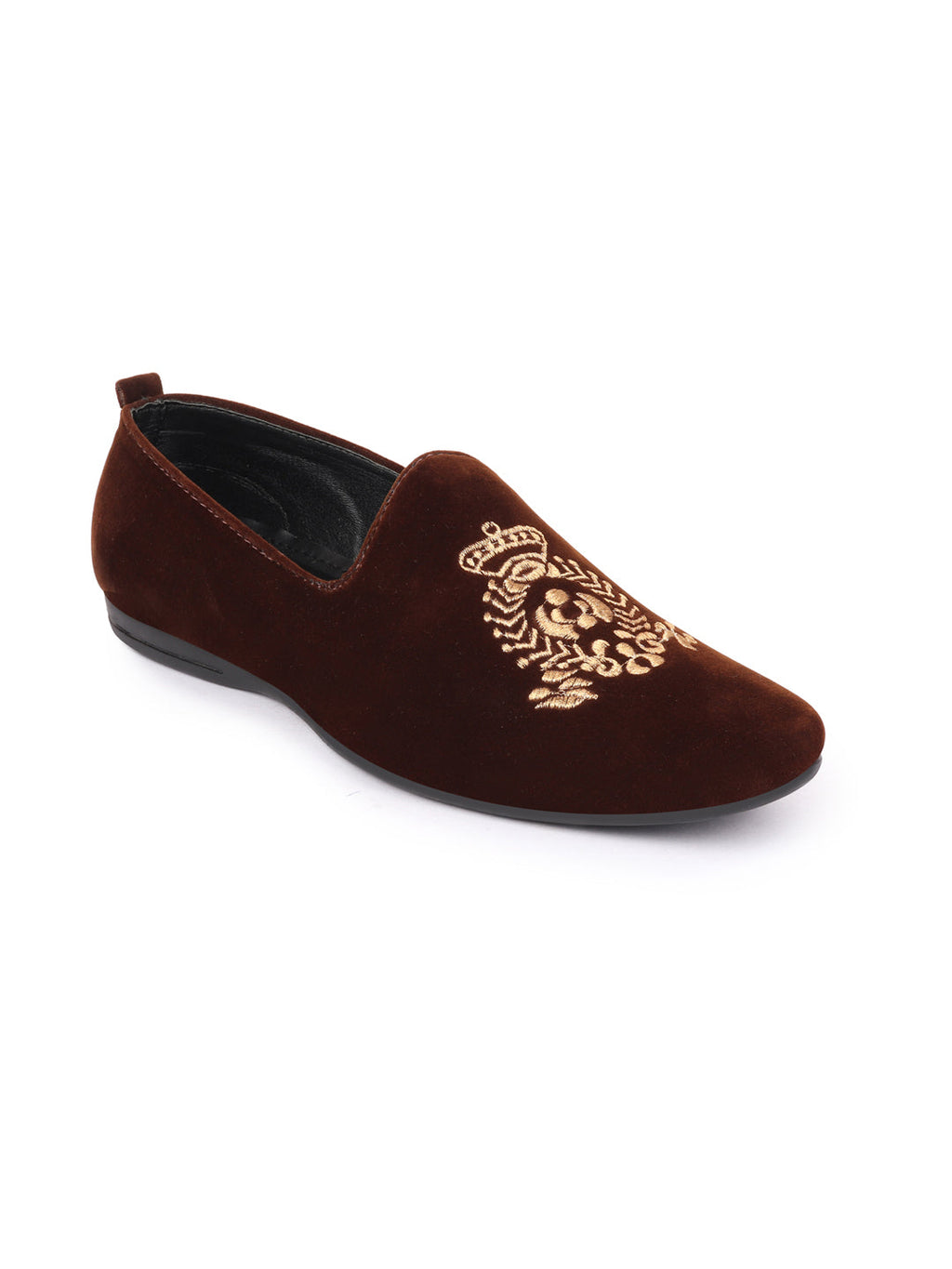 Men Brown Velvet Embroidery Design Ethnic Party Loafer Shoes