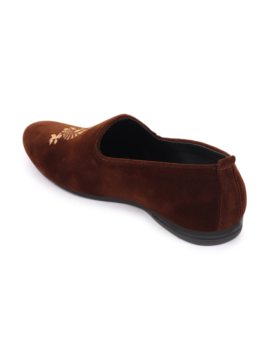 Men Brown Velvet Embroidery Design Ethnic Party Loafer Shoes