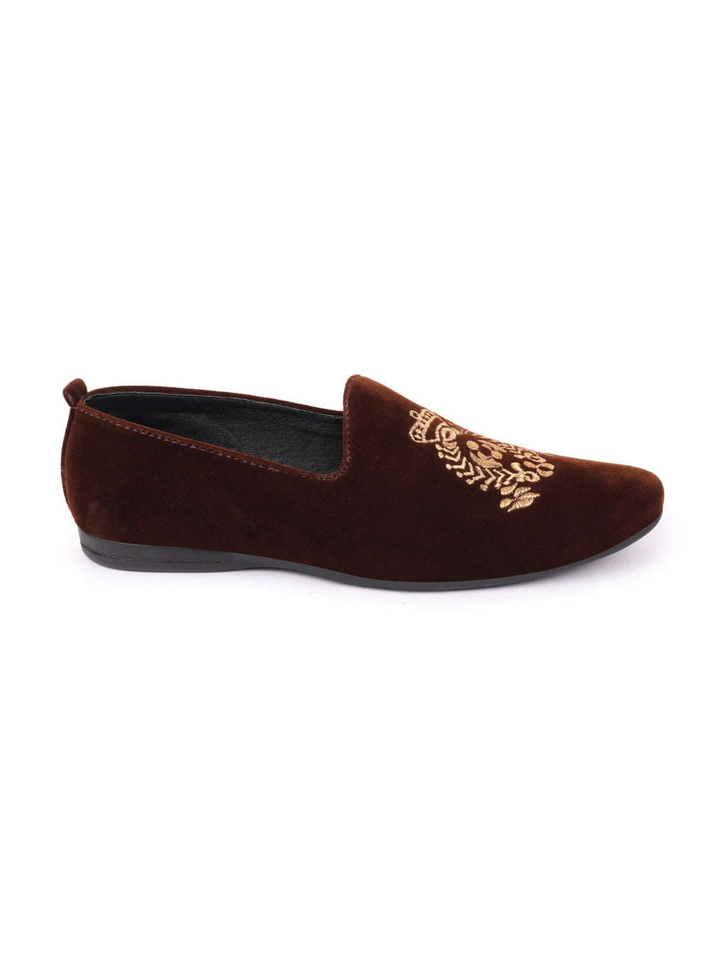 Men Brown Velvet Embroidery Design Ethnic Party Loafer Shoes