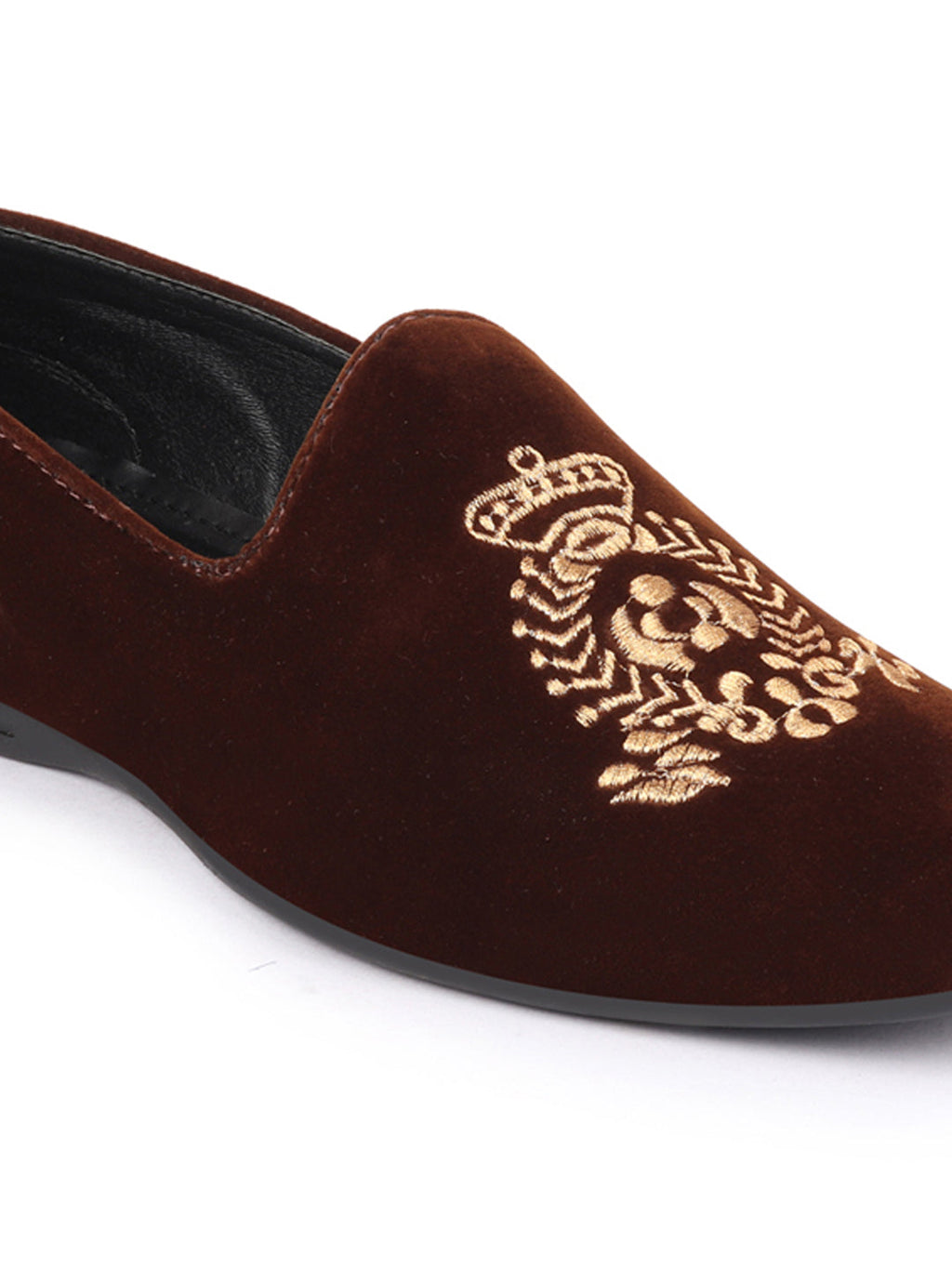 Men Brown Velvet Embroidery Design Ethnic Party Loafer Shoes